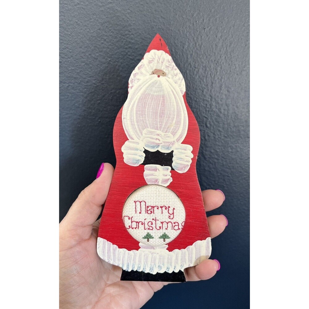 Primitive Wood Santa Tabletop Cross-Stitch Hand Painted Christmas Holiday Decor